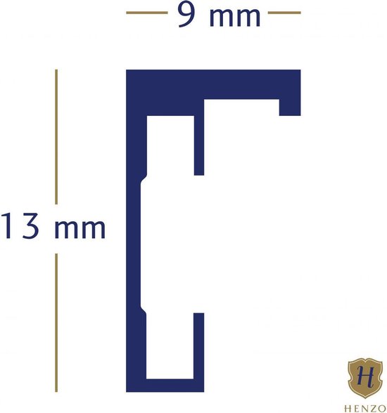 Detail van een donkerblauwe profiel voor een fotolijst met afmetingen 13 mm en 9 mm.