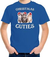 Kitten Kerstshirt / Kerst t-shirt Christmas cuties blauw voor kinderen - Kerstkleding / Christmas outfit M (116-134)