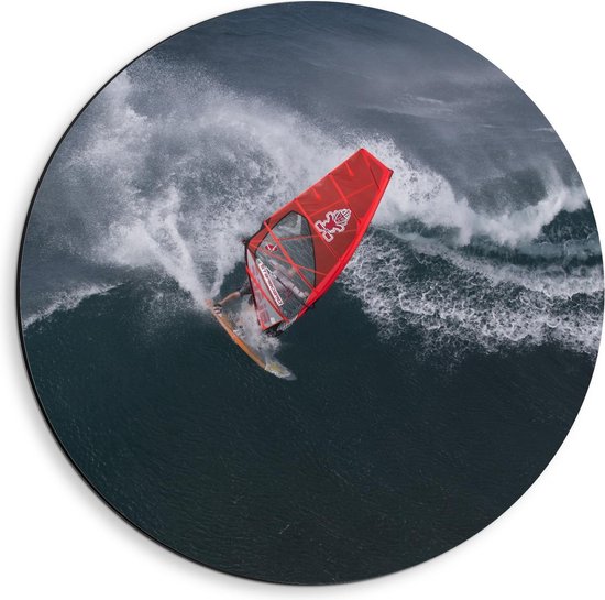 Dibond Wandcirkel - Rode Kitesurfer op Zee - Foto op Aluminium Wandcirkel (met ophangsysteem)
