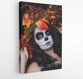 Portrait of calavera with wreath on head. Close up. Model posing on camera - Modern Art Canvas -Vertical - 722663368 - 50*40 Vertical