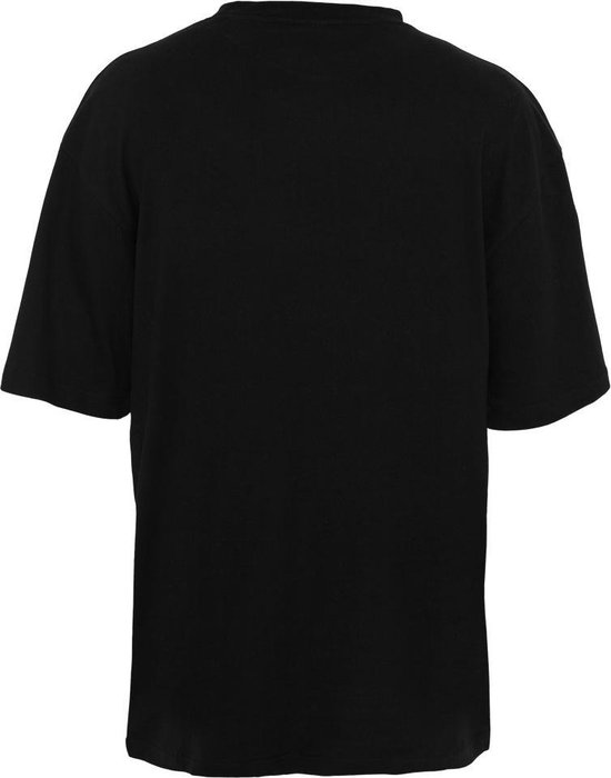 Achterkant van een effen zwart t-shirt met korte mouwen en ronde hals.