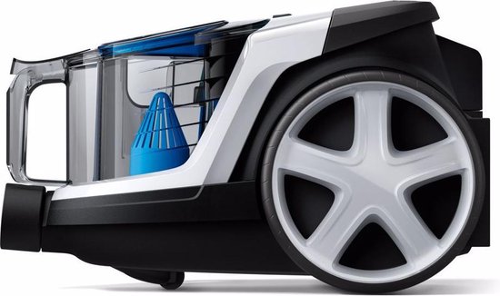 Aspirateur blanc avec noir, contenant transparent avec filtre bleu.