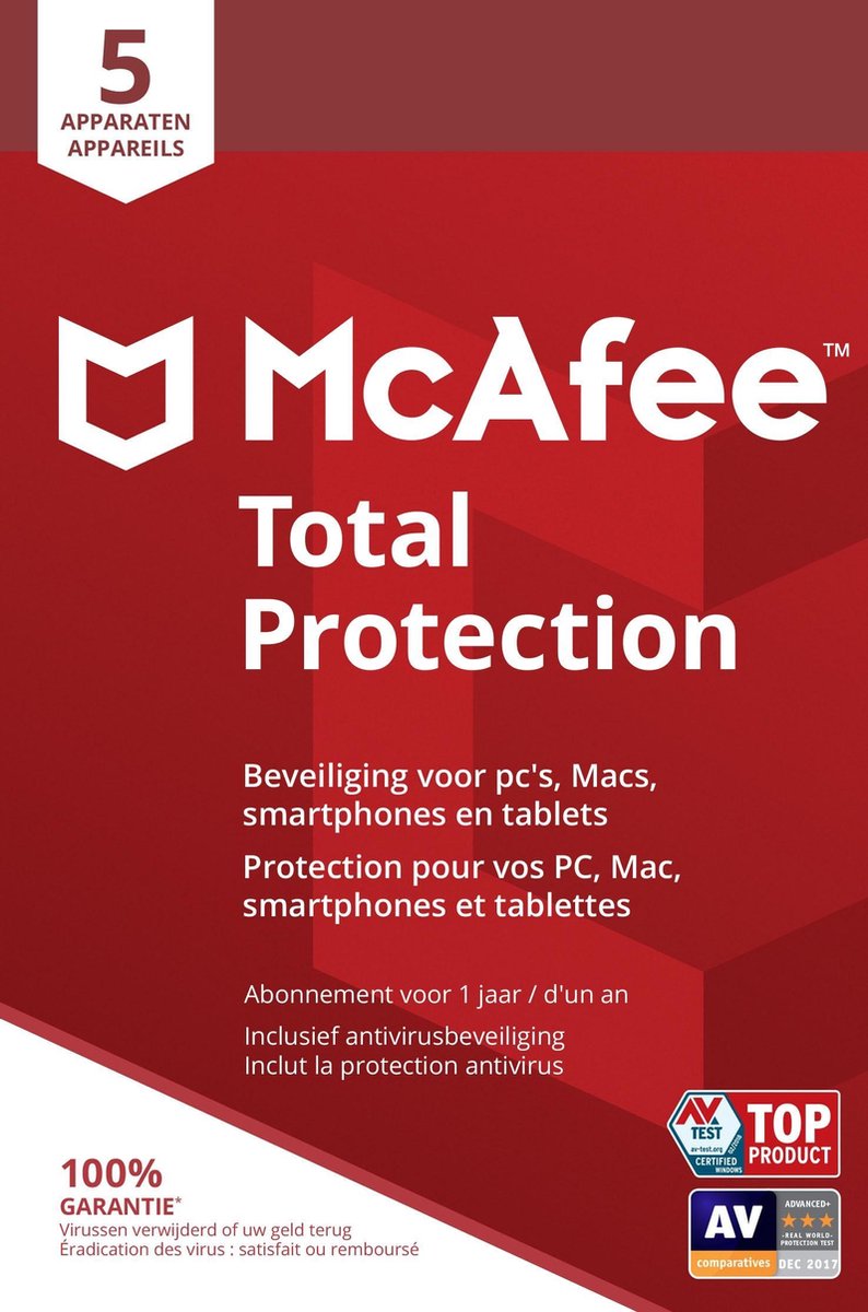 McAfee Total Protection - Multi-Device - 5 Apparaten - 1 Jaar - Nederlands / Frans - Windows / Mac