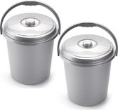 2x stuks afsluitbare afvalemmer/vuilnisemmer met deksel 21 liter zilver - Afval scheiden/luier emmer