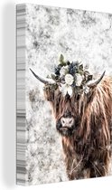 Highlander écossais avec une couronne de fleurs 40x60 cm - Tirage photo sur toile peinture (Décoration murale salon / chambre) / animaux sauvages Peintures sur toile