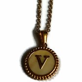 Aramat jewels -ketting-letter v- chirurgisch staal -wit- schelp - goudkleurig-45cm - dames- rond