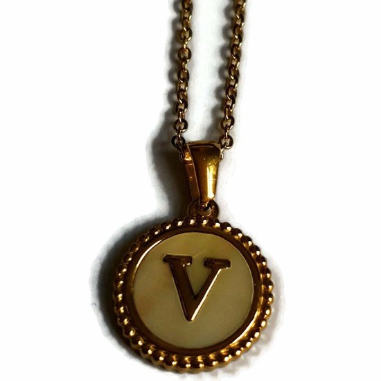 Aramat jewels -ketting-letter v- chirurgisch staal -wit- schelp - goudkleurig-45cm - dames- rond