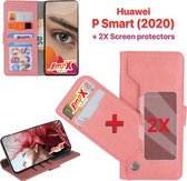EmpX.nl Huawei P Smart (2020) Rose Goud Boekhoesje en 2x Screen Protector | Portemonnee Book Case | Met Multi Stand Functie | Kaarthouder Card Case | Beschermhoes Sleeve | Met Pasj