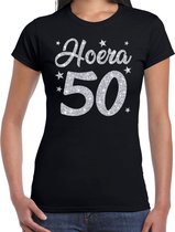Hoera 50 jaar verjaardag cadeau t-shirt - zilver glitter op zwart - dames - Sarah cadeau shirt XL