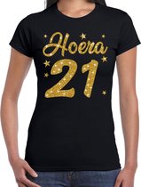 Hoera 21 jaar verjaardag cadeau t-shirt - goud glitter op zwart - dames - cadeau shirt XS
