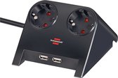 Brennenstuhl Desktop-Power, Stekkerdoos 2-voudig voor op bureau (tafelcontactdoos met 2-voudige USB lader en 1,8m kabel en rubberen pootjes) zwart gepolijst