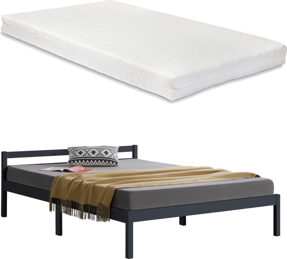 Houten bed Nakkila grenen met matras 140x200 cm donkergrijs