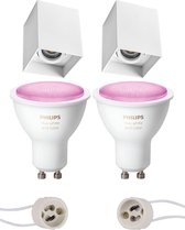 Pragmi Luxina Pro - Opbouw Vierkant - Mat Wit - Verdiept - Kantelbaar - 90mm - Philips Hue - Opbouwspot Set GU10 - White and Color Ambiance - Bluetooth - BES LED