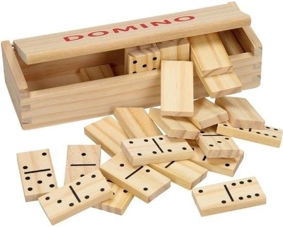 Thumbnail van een extra afbeelding van het spel 2x doosje Houten domino spel in kistje - 56x dominostenen - Gezelschapsspel - Familiespel