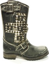 Sendra 10639 Chiquita Zwart Fashion Biker Dames Motorlaarzen Stalen Neus Rubber Zool Skull Studs Vintage Look Echt Leer Maat 40