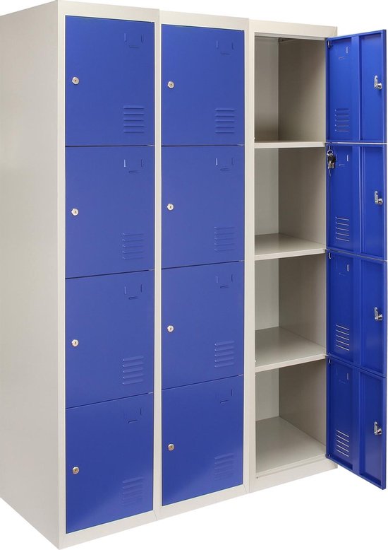 3 x Lockerkast Metaal - Blauw - Vierdeurs - Per unit: 38cm(b)x45cm(d)x180cm(h) - Flatpack - Ventilatie -  2 GRATIS magneten - 2 Sleutels per slot - lockers kluisjes
