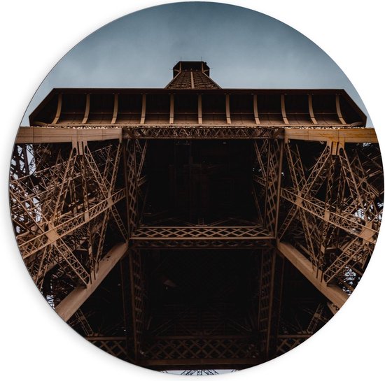 Dibond Wandcirkel - Onderkant van de Eiffeltoren in Parijs  - 90x90cm Foto op Aluminium Wandcirkel (met ophangsysteem)