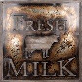 Clayre & Eef Tekstbord 60*60*3 cm Meerkleurig Ijzer Vierkant Koe Fresh Milk Wandbord Quote Bord Spreuk
