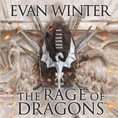 Boekomslag: Evan Winter, The Rage of Dragons. Een schild met een witte draak, omringd door zwaarden, strijders en vlammen.