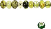 Glas link kralen. groen glitter. d: 13-15 mm. gatgrootte 4.5-5 mm. 10 div/ 1 doos