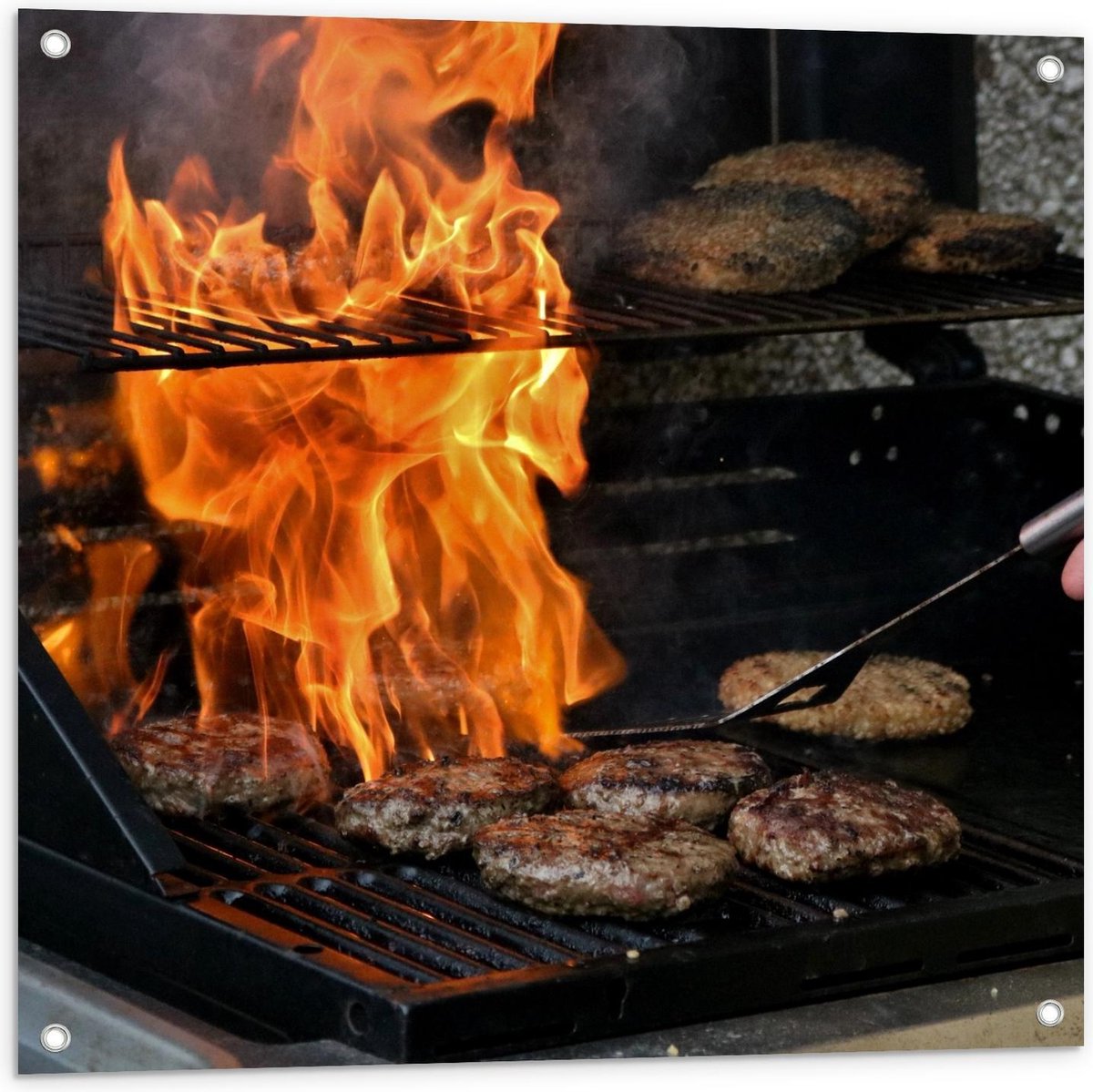 Tuinposter – Burgers en Vuur op de Barbecue - 80x80cm Foto op Tuinposter (wanddecoratie vo