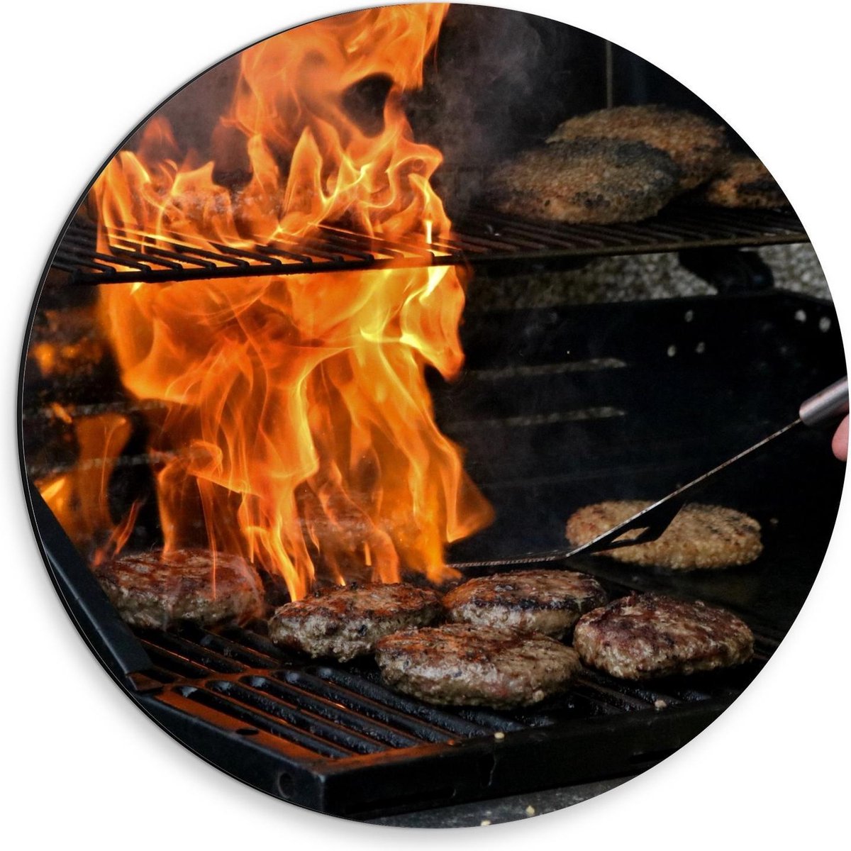 Dibond Wandcirkel - Burgers en Vuur op de Barbecue - 30x30cm Foto op Aluminium Wandcirkel
