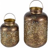Set van 2x metalen lantaarns/windlichten goud grof 23 en 32 cm - Voor gebruik tuin/woonkamer - Decoratie Oosterse/Arabische stijl