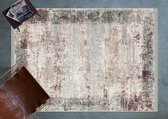 Flycarpets Adrasos Vintage Vloerkleed - 80x150 cm - Lijstmotief - Donkerrood/Grijs/Beige