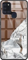 Samsung A21s hoesje glas - Chocoladereep - Hard Case - Zwart - Backcover - Print / Illustratie - Bruin