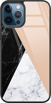 iPhone 12 hoesje glas - Marmer zwart bruin - Hard Case - Zwart - Backcover - Marmer - Multi