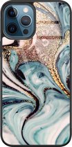 iPhone 12 hoesje glas - Marmer blauw goud - Hard Case - Zwart - Backcover - Marmer - Blauw