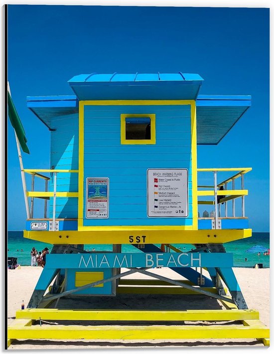 Dibond - Blauw Strandhuisje op Miami Beach - 30x40cm Foto op Aluminium (Wanddecoratie van metaal)