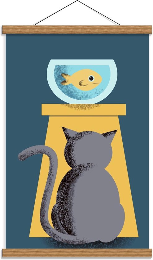 Schoolplaat – Cartoon van Kat voor Vissenkom - 40x60cm Foto op Textielposter (Wanddecoratie op Schoolplaat)