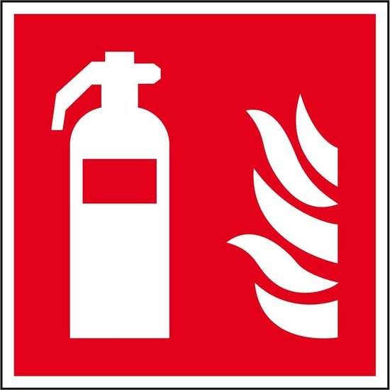 Rood bord met witte pictogrammen van een brandblusser en vlammen.