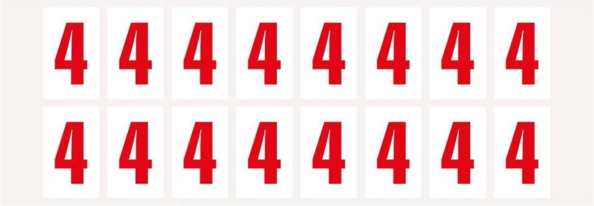Cijfer stickers 0-9 - zelfklevende folie - 20 kaarten - rood wit teksthoogte 25 mm Cijfer 4