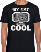 Grijze kat katten t-shirt my cat is serious cool zwart - heren - katten / poezen liefhebber cadeau shirt S