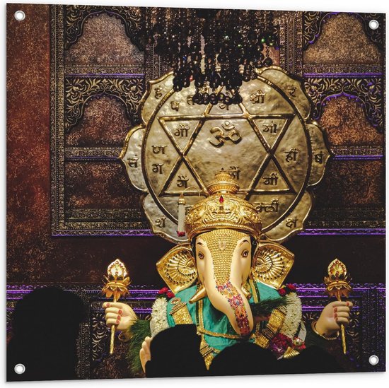 Tuinposter – Gouden olifantenbeeld in Religieus Gebouw - 80x80cm Foto op Tuinposter  (wanddecoratie voor buiten en binnen)