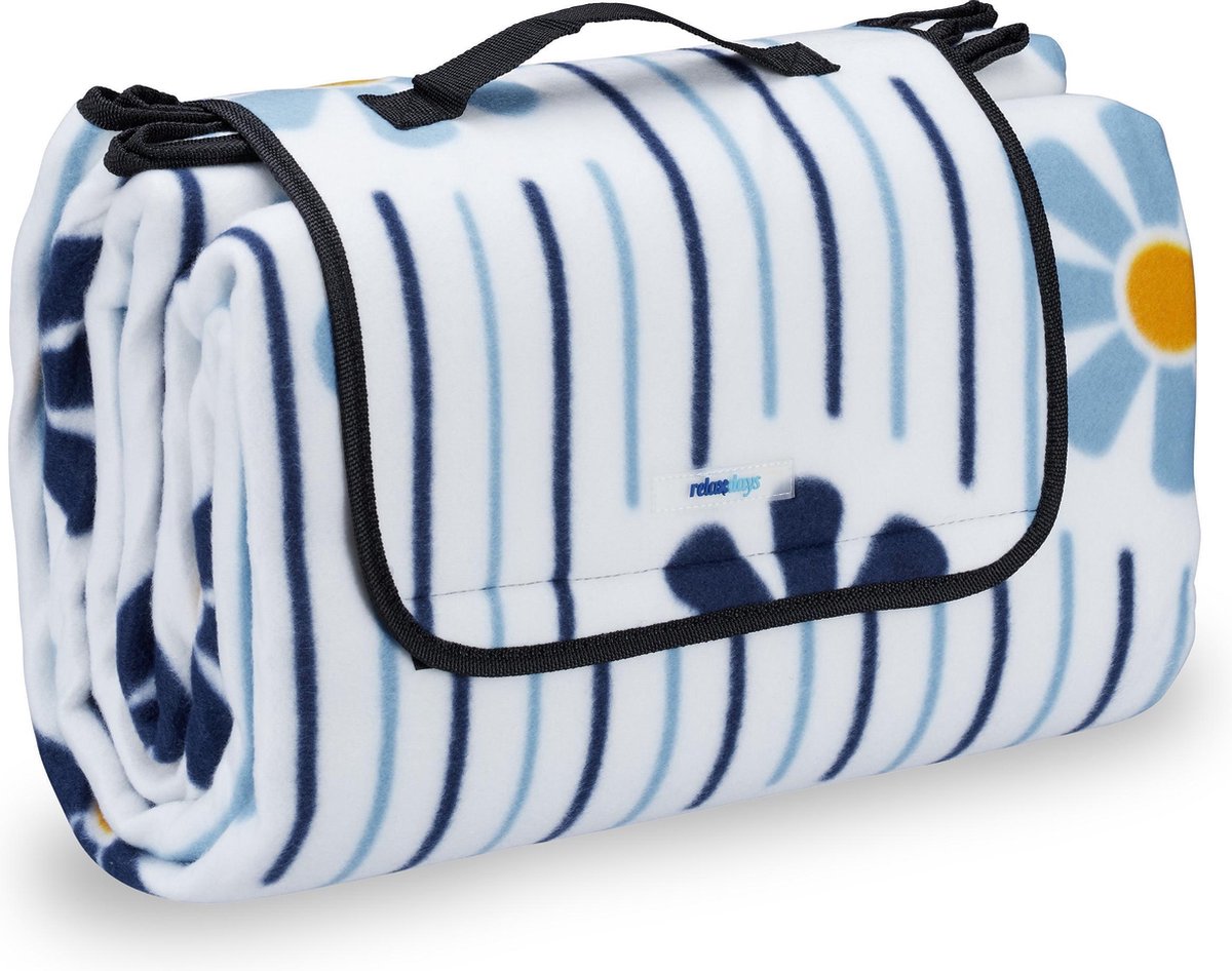 Relaxdays picknickkleed xxl, met strepen, aluminium, 200x200 cm, waterdicht, met handvat, fleecedeken, blauw/wit/zwart