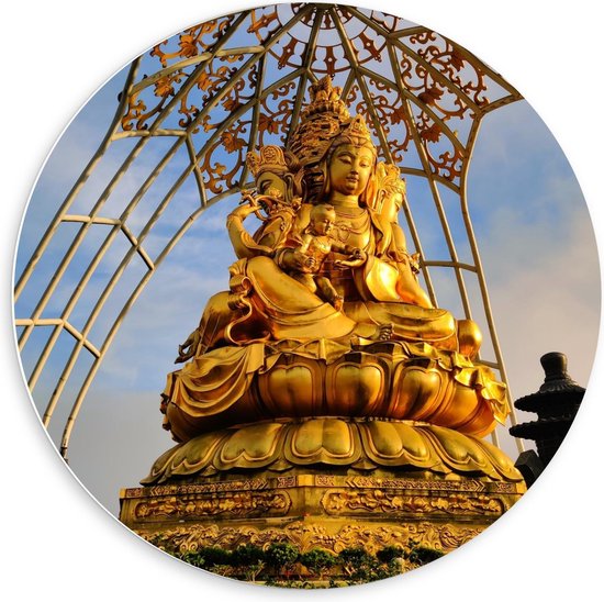 Forex Wandcirkel - Groot Goud Boeddha Standbeeld - 60x60cm Foto op Wandcirkel (met ophangsysteem)