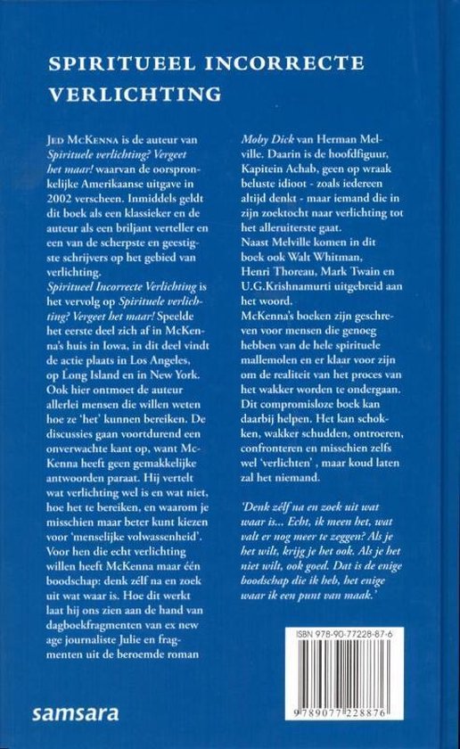 Achterpagina van het boek "Spiritueel Incorrecte Verlichting" met tekst en ISBN.