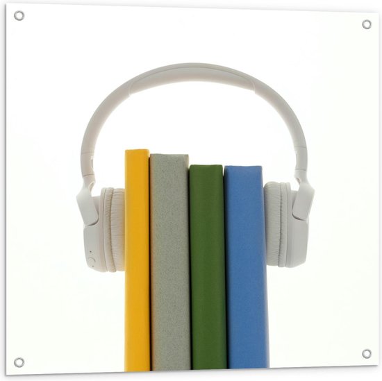 Tuinposter – Witte Koptelefoon op Gekleurde Boeken - 80x80cm Foto op Tuinposter  (wanddecoratie voor buiten en binnen)