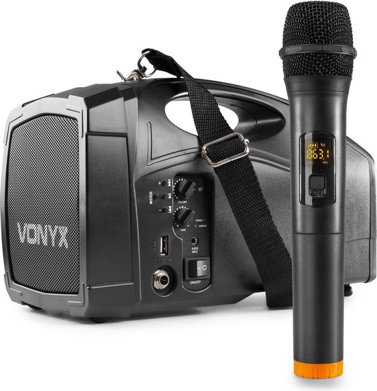 Draagbaar PA-systeem Vonyx ST014 met draadloze microfoon, Bluetooth, USB MP3-speler, accu en schouderriem