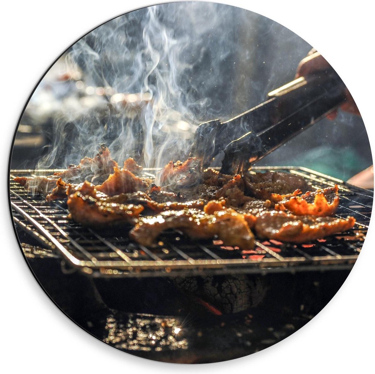 Dibond Wandcirkel - Barbecue met Rokend Vlees - 30x30cm Foto op Aluminium Wandcirkel (met
