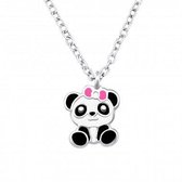 Ketting kinderen | Zilveren ketting met hanger, panda met roze strik