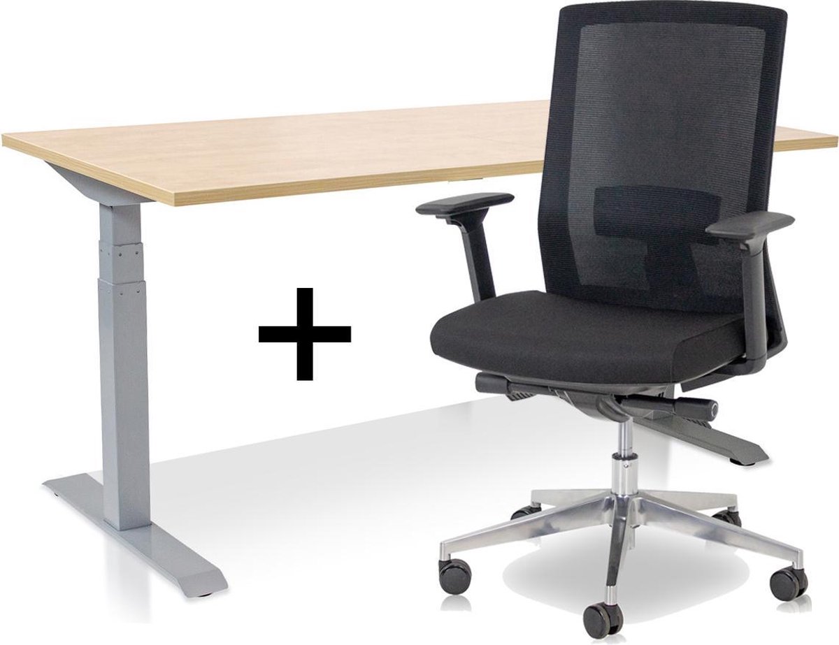 Lineaflex MRC Zit-sta bureau elektrisch verstelbaar + ERGO Bureaustoel | MRC PRO NEN-EN 527 Thuiswerkset | frame bureau aluminium - bureaublad wild peren | 140x80 cm Aluminium bureauframe