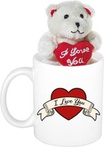 Valentijn cadeau I love you banner beker / mok 300 ml met beige knuffelbeertje met love hartje - Romantisch cadeautje vrouw