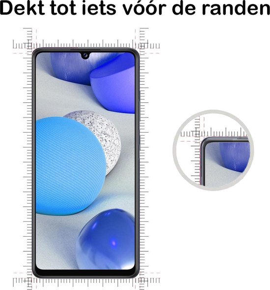 Screenprotector die tot iets voor de randen dekt, met metingen.