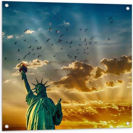 Tuinposter – Vrijheidsbeeld met Zon en Vogels - 80x80cm Foto op Tuinposter  (wanddecoratie voor buiten en binnen)