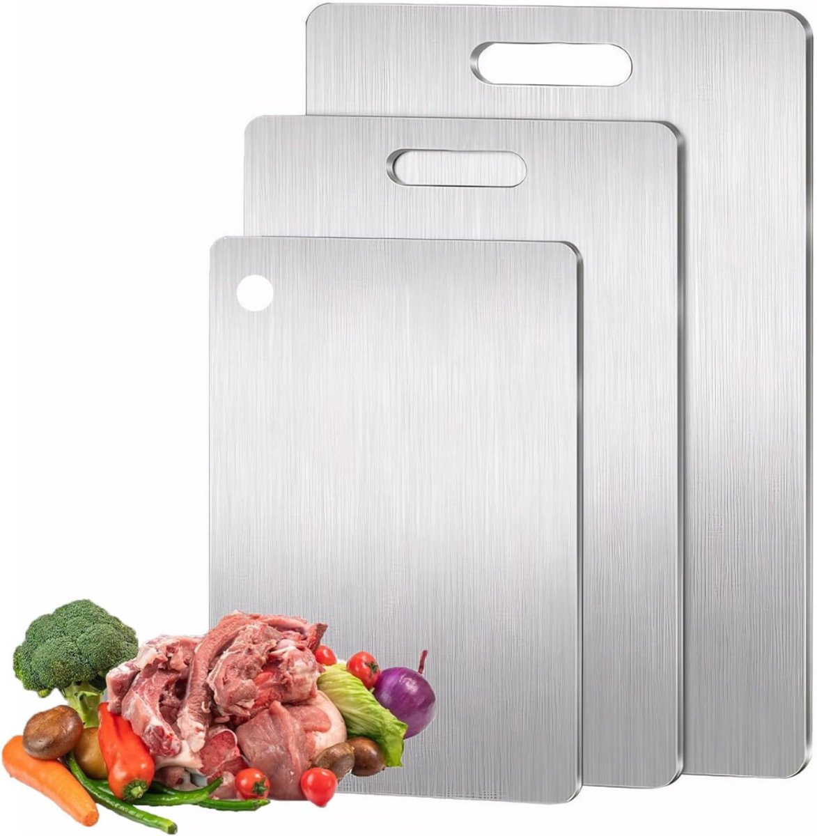 Verte Snijplank - Titanium Snijplank - Snijplankenset - Roestvrijstalen Snijplank - Premium Titanium Snijplank - Voor Vlees - Brood - Groenten en Fruit - 3 Stuks - 29 x 20 CM - 34 x 23 CM - 39 x 28 CM - Zilver
