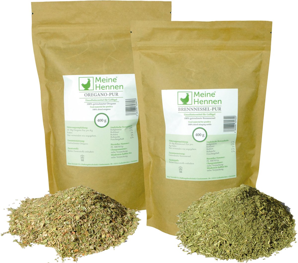 MeinWildvogel Oregano & Brandnetel Set – 2 x 400g – Natuurlijke Kruidenmix voor Kippen & Kwartels
